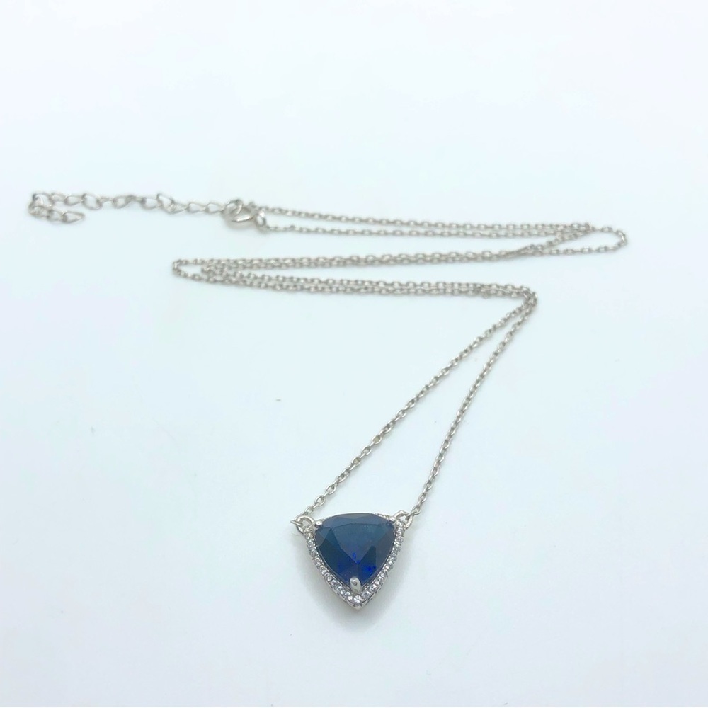 Vtg Sterling Silver Blue & White Trillion Cut Halo Necklace 18” + 1.8 Extender